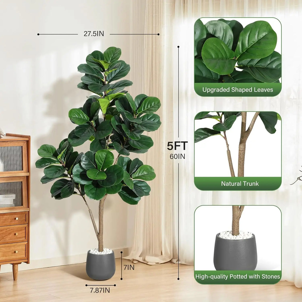 HiMISS Artificial Fiddle Leaf Fig Tree – Realistic Faux Ficus Lyrata in White Planter Pot (4, 5, 6 & 7 Ft)