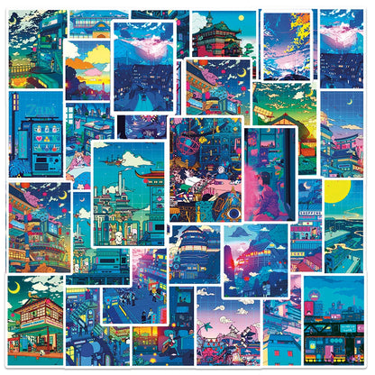 10/30/50pcs Cute Art Street Night View Cartoon Stickers Aesthetic Ins Decals Scrapbook Phone Laptop Luggage Wall Sticker Kid Toy