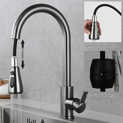 Pull-Out Kitchen Faucet 304 Stainless Steel Deck-Mounted Mixer Tap, Single-Handle Hot & Cold with Brushed Pull-Down Spray