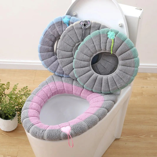 Universal Thick Knit Toilet Seat Cover Cushion - Soft Washable Padded Toilet Seat Warmer with Lid Handle