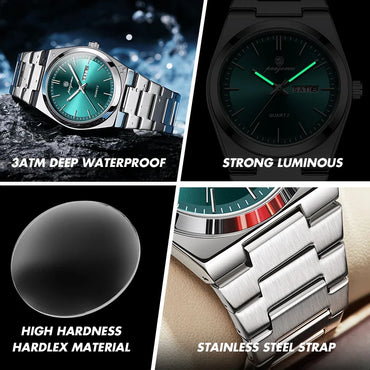 Men's Quartz Stainless Steel Watch 40-44mm Dial, 3ATM Water-Resistant Luminous Chronograph with Date
