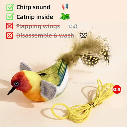 Rechargeable Interactive Cat Toy – Touch-Activated Chirping Flapping Bird Plush with Catnip