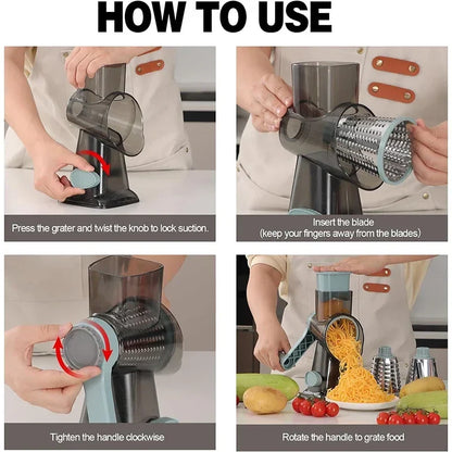 3-in-1 Rotary Cheese Grater Manual Vegetable Slicer & Nut Grinder – Multifunctional Kitchen Tool