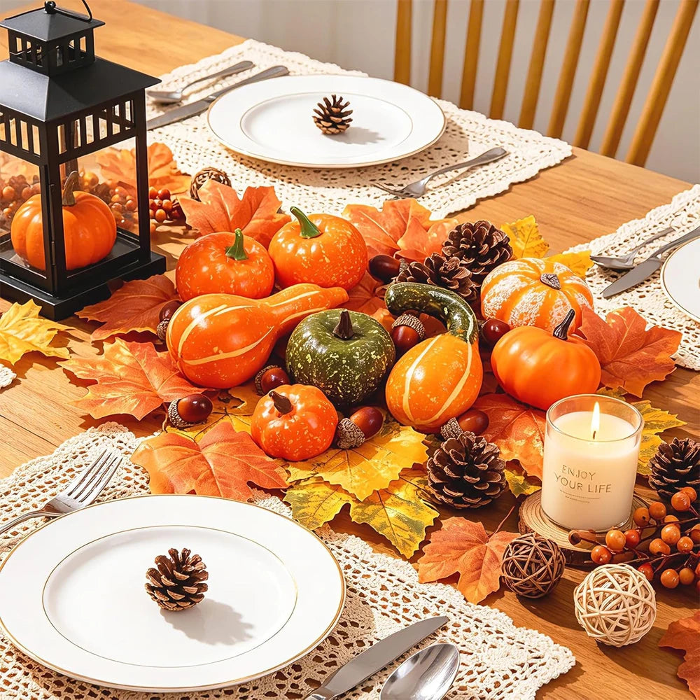 50-Piece Artificial Autumn Decoration Set, Pumpkins, Pine Cones and Maple Leaves