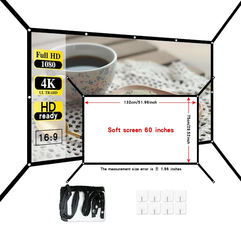 16: 9 portable foldable white soft screen, 60-150 inch high-definition wall mounted extended projection screen