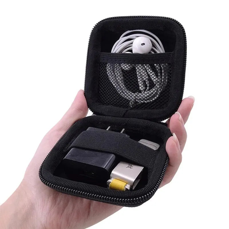 Leather Earphone & Cable Organizer Case – Portable Earbud, Charger & USB Drive Storage
