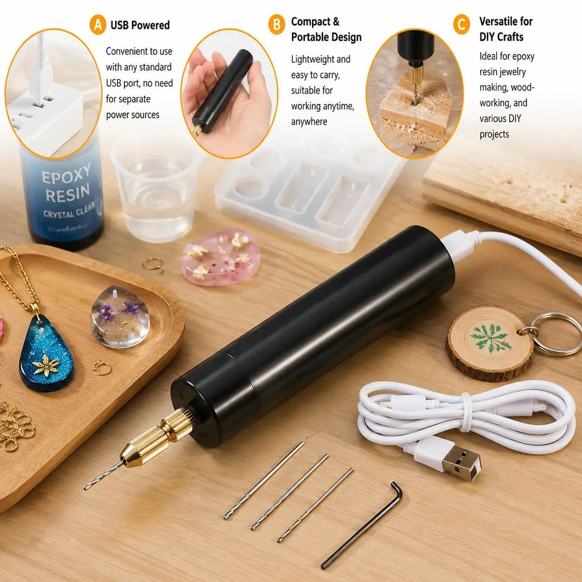5V USB-C Mini Rotary Drill Kit, 15W, with 3 Drill Bits