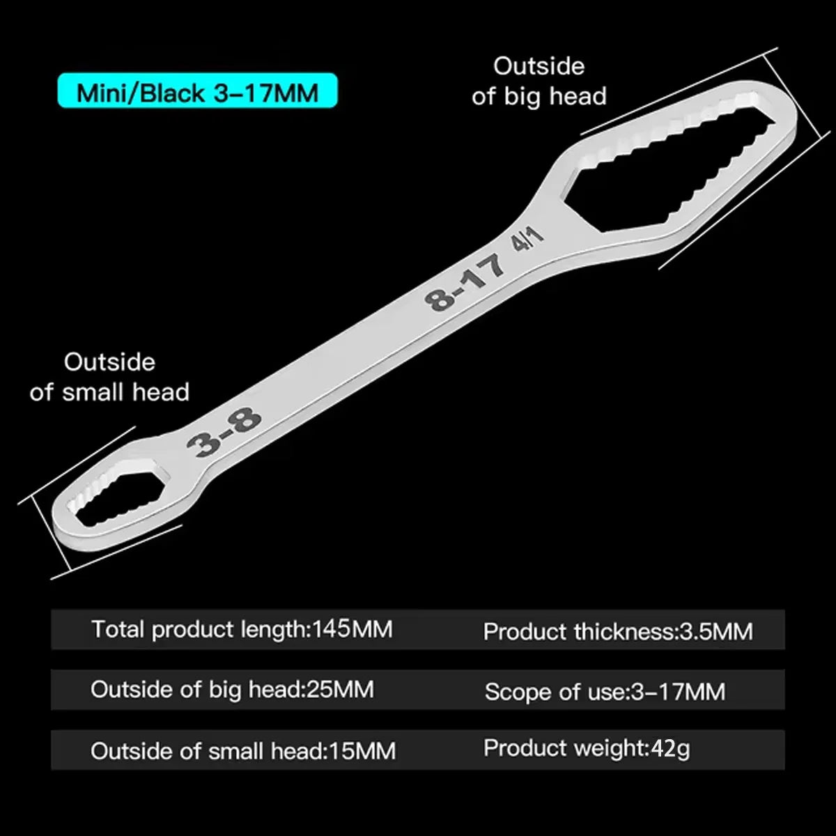 Adjustable Self-Tightening Double-Head Wrench Fits 3–17 mm & 8–22 mm (0.12–0.67 in & 0.31–0.87 in) for Cars, Bicycles and Home Repair