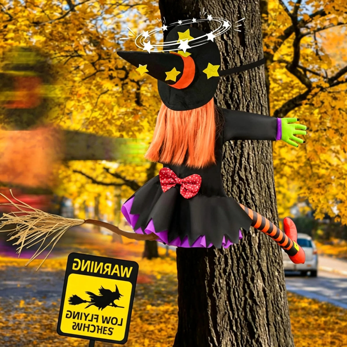 Halloween Witch Crashing Into Tree Decoration - 100 x 110 cm