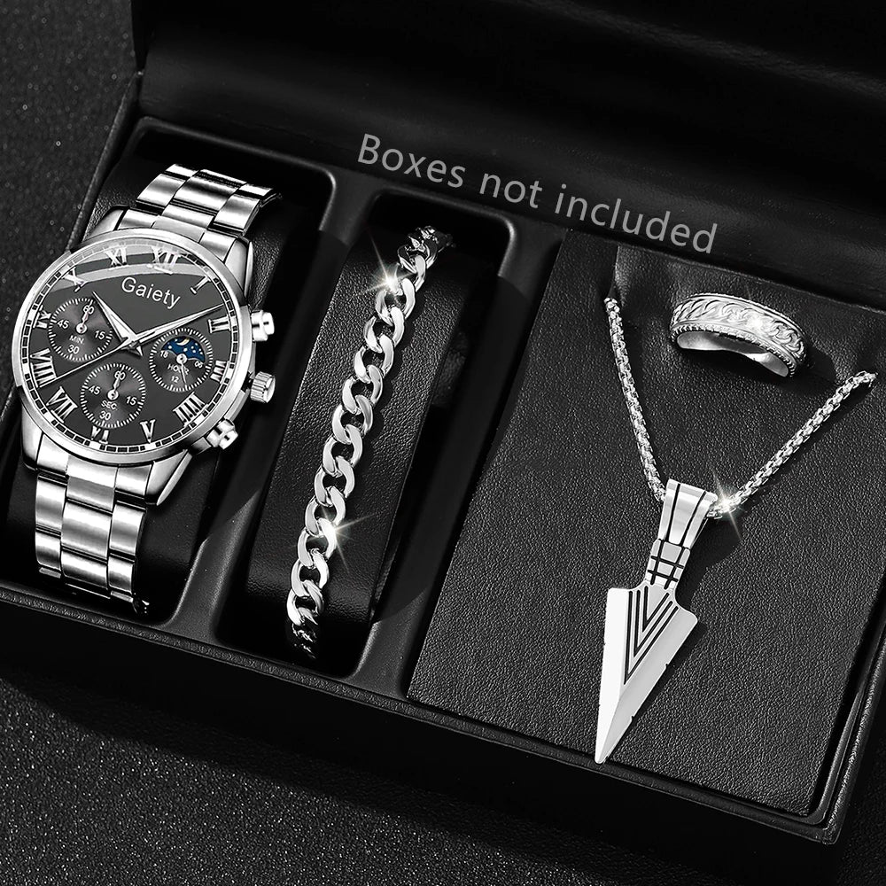Men's Stainless Steel Quartz Wrist Watch with Calendar – 41mm Round Business Dress Watch
