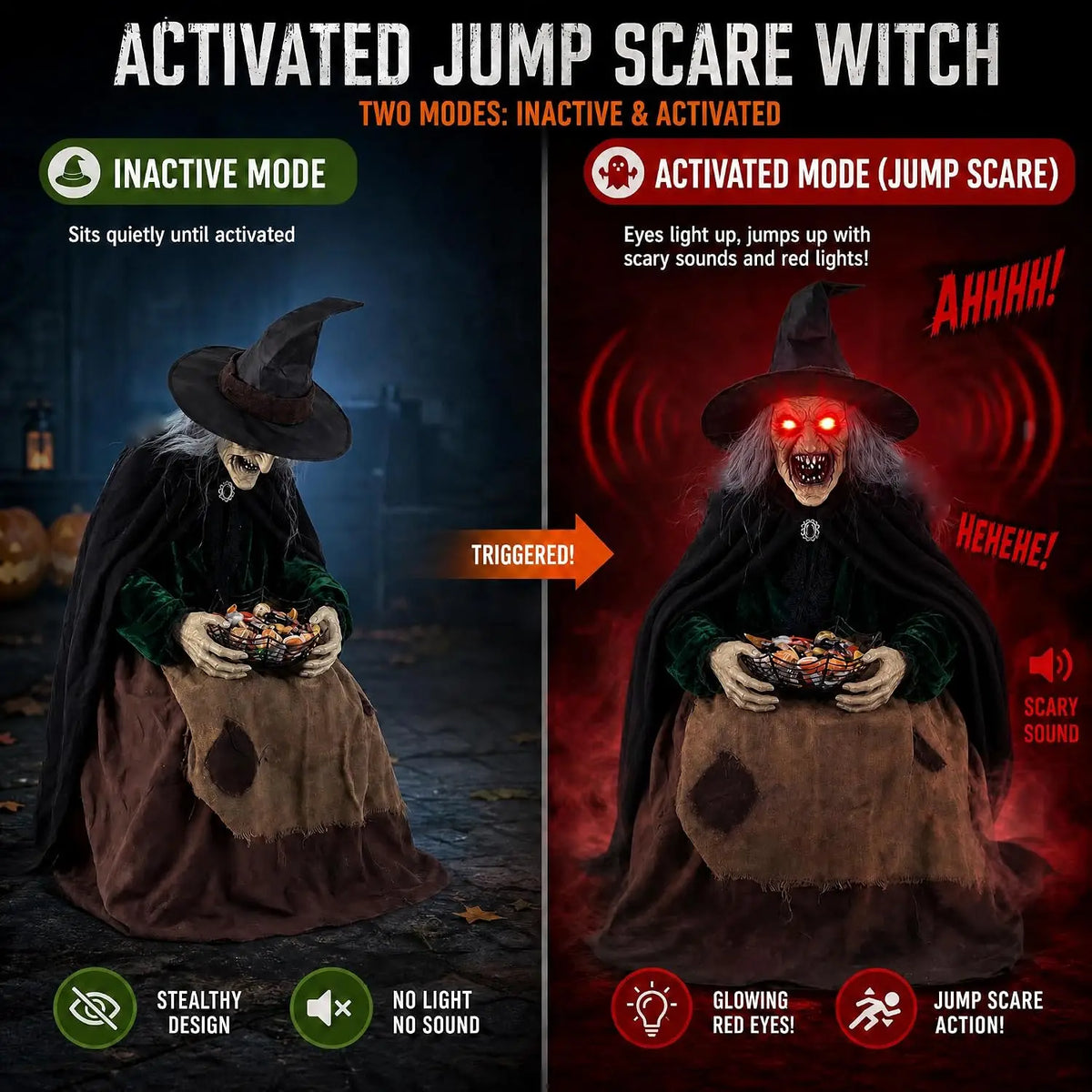 4.6 ft Animated Halloween Witch, Motion and Sound Activated