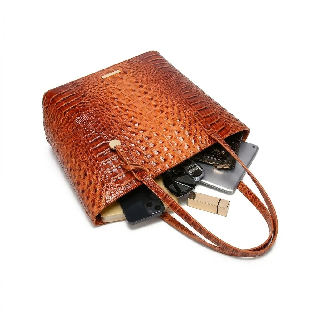 Crocodile-Embossed PU Leather Tote Bag Set – Spacious Bucket Shoulder Handbag with Detachable Zipper Pouch for Women, 14 Colors