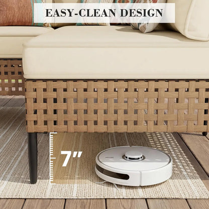 7-Piece High-Leg Modular PE Wicker Outdoor Sectional Sofa Set - Rust-Proof Frame, 4" Seat Cushions, Machine-Washable Covers, Tempered Glass Table