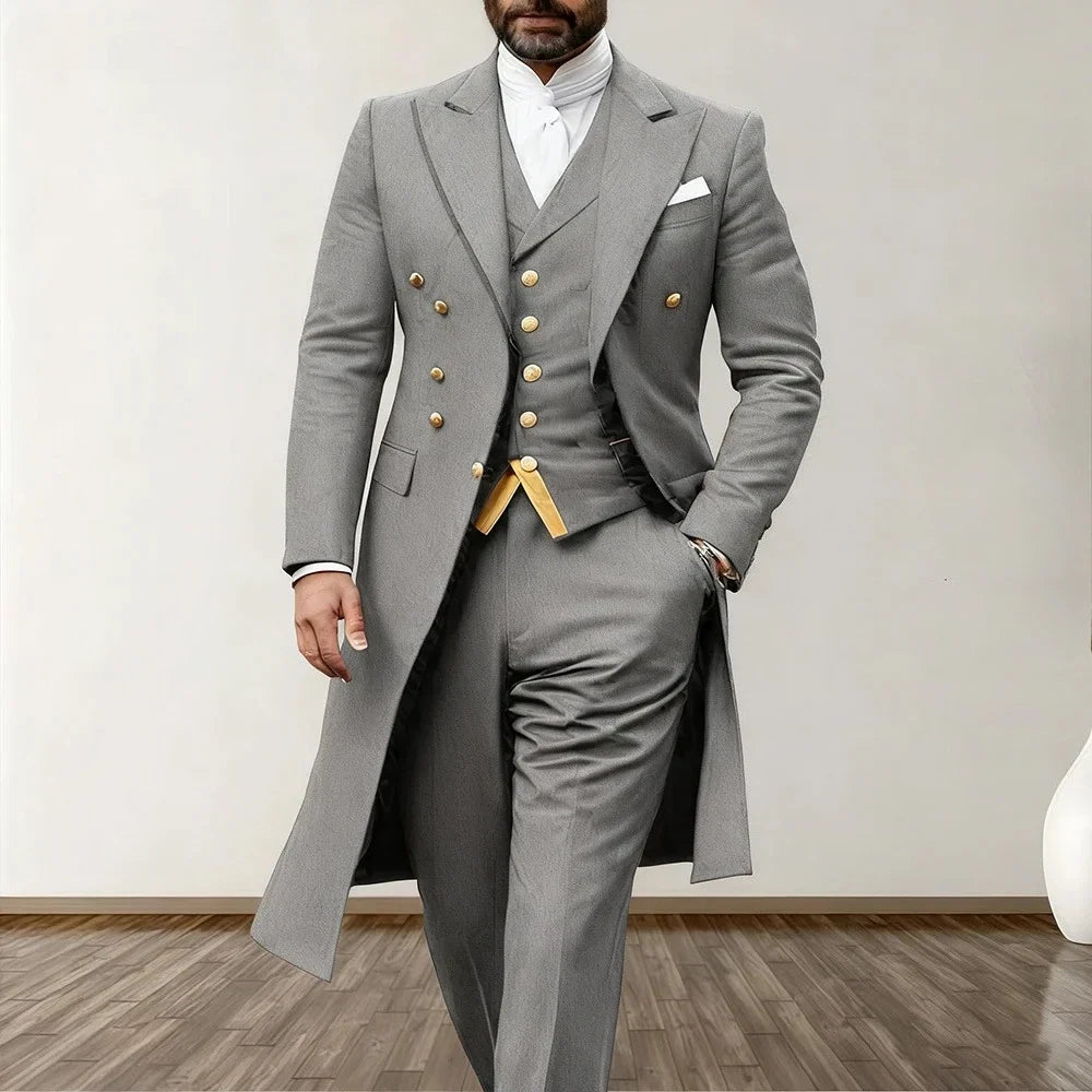 Blue Men Wedding Suits 3 Piece Long Blazer Vest Pants Satin One Button