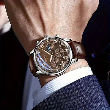 Men's Quartz Leather Strap Watch - 40mm Round Alloy Case, Business Casual Sport, Water-Resistant Luminous Dial