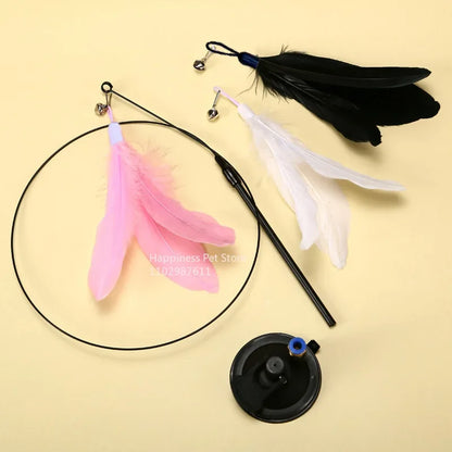 Interactive Cat Feather Teaser Wand with Bell, Extendable Rod, Suction Cup & Replaceable Feather Head
