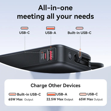 65W PD 20000mAh Portable Power Bank with Built-In USB-C Cable — Fast Charging for Laptops, iPhone & Tablets