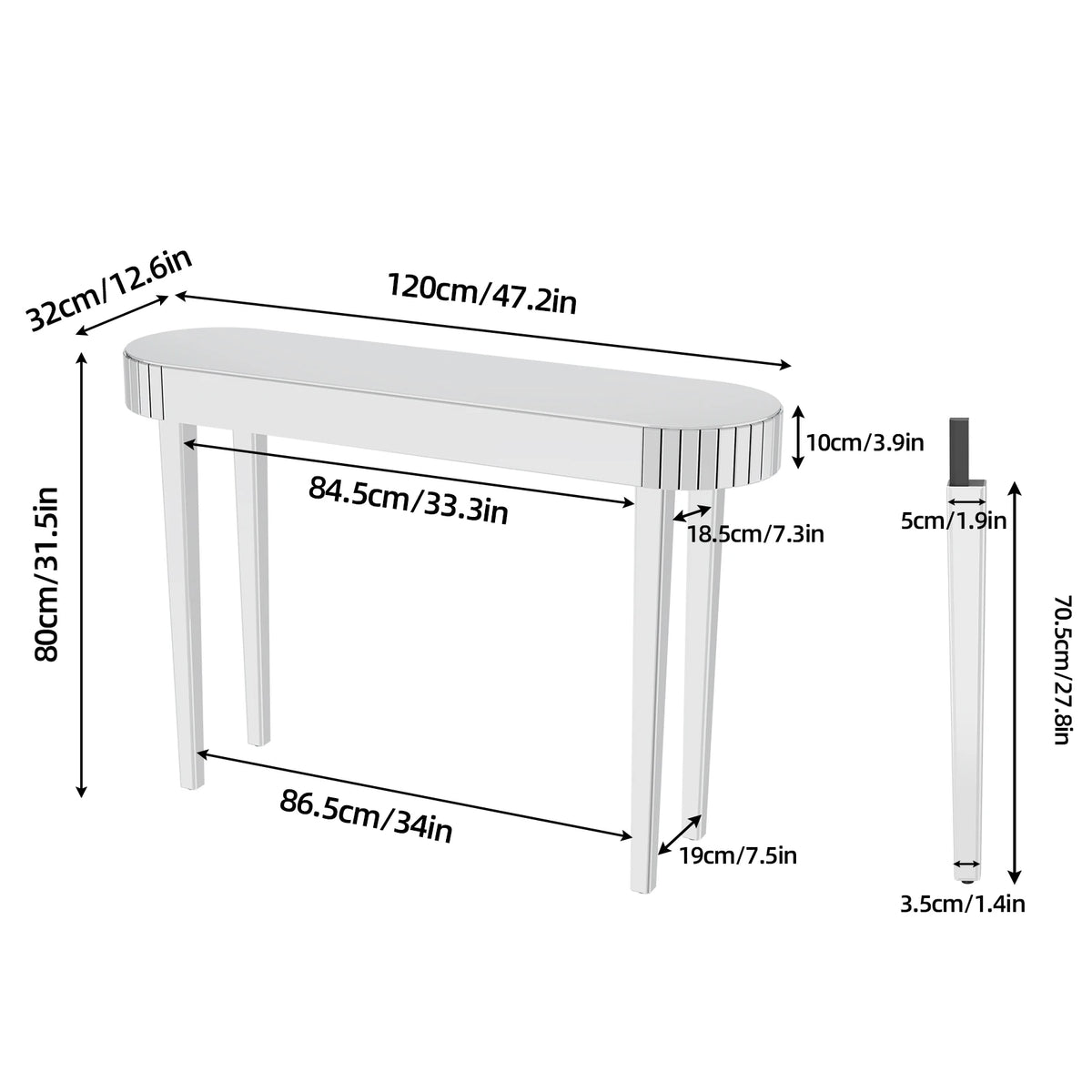 BINGOPAW Mirrored Console Table - 47.2" Silver Glass Entryway Hall Table, MDF + Glass, Modern Minimalist