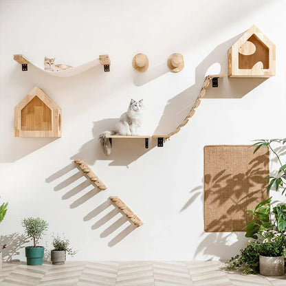 Wall-Mounted Cat Climbing Shelves with Steps, Scratching Post and Hideaway Bed