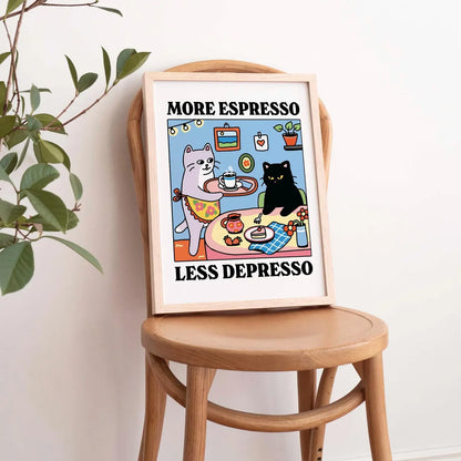 More Espresso Less Depresso Black Cat Wall Print, Coffee Cat Poster, Kitchen Art, Handmade Cat Coffee Poster, Coffee Bar, Unique