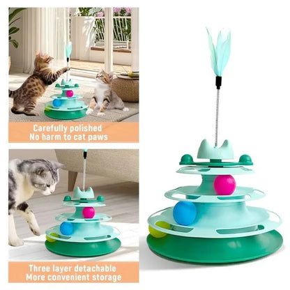 Interactive Cat Toy Tower with Turntable Track, Rolling Balls and Feather Teaser - Kitten Training Toy