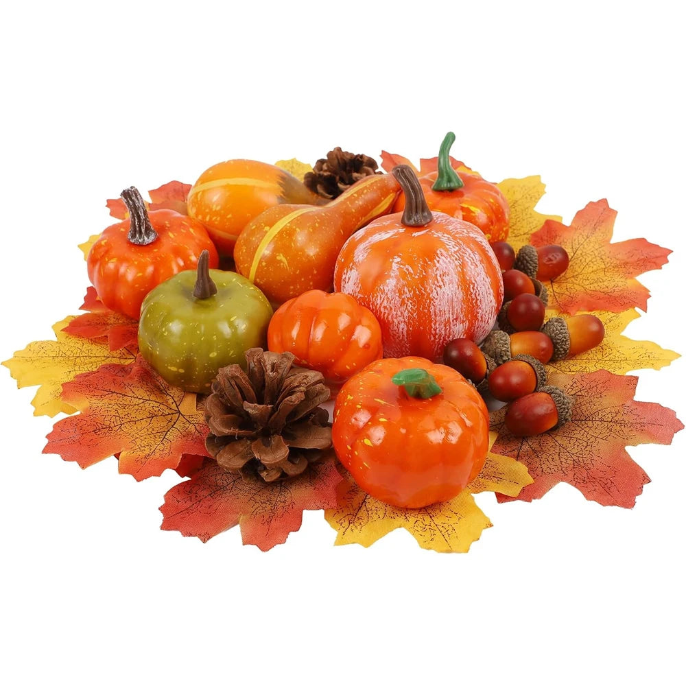 50-Piece Artificial Autumn Decoration Set, Pumpkins, Pine Cones and Maple Leaves