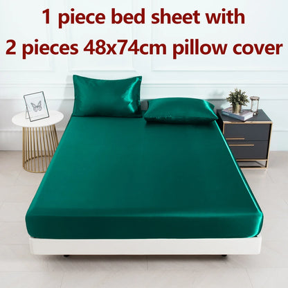 Satin Fitted Sheet Set 3-Piece (1 Fitted Sheet + 2 Pillowcases) Soft Breathable Solid Color Bedding