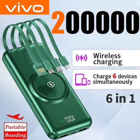 200000mAh Portable Power Bank Wireless Charger — 4 Built-In Cables, LED Digital Display, PD 20W & 120W Fast Charge