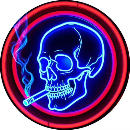 Stand out  Aluminum Neon Skull Sign. Round, Cigarette Wreath.Ideal Wall Art for Kitchen, Office, Garden. Great for Festive Decor