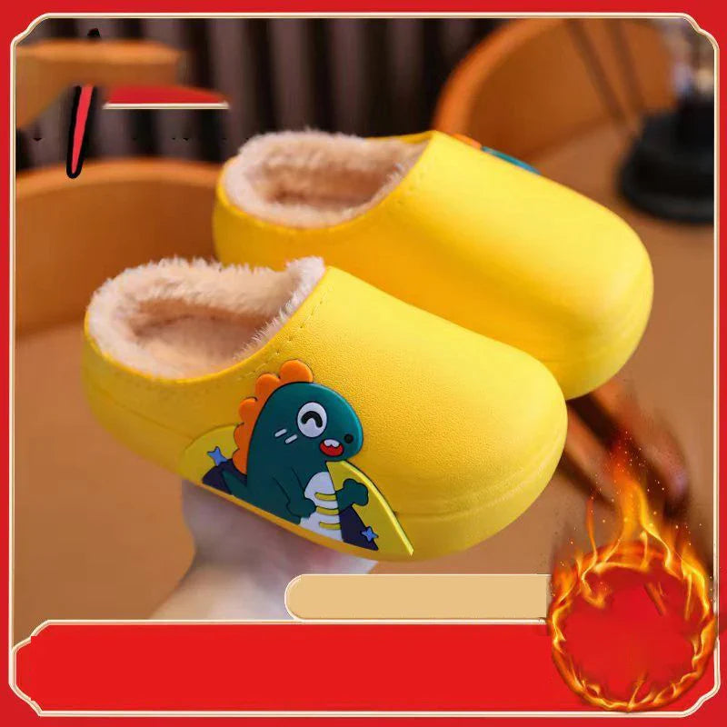 Unisex Kids Plush Waterproof Slippers - Thickened Anti-Slip Animal Print Home Slippers for Boys & Girls, Sizes 16–37 (12–22.5 cm / 4.7–8.9 in)