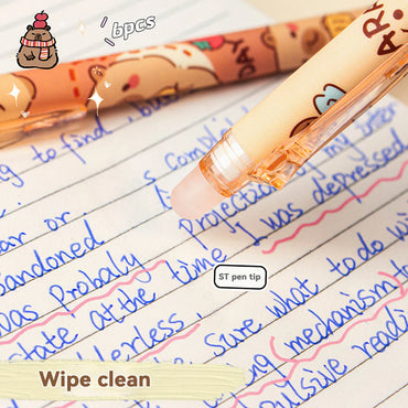 Capybara Erasable Gel Pens 6-Pack Refillable 0.5mm Smudge-Free Cute Animal Stationery for School & Office