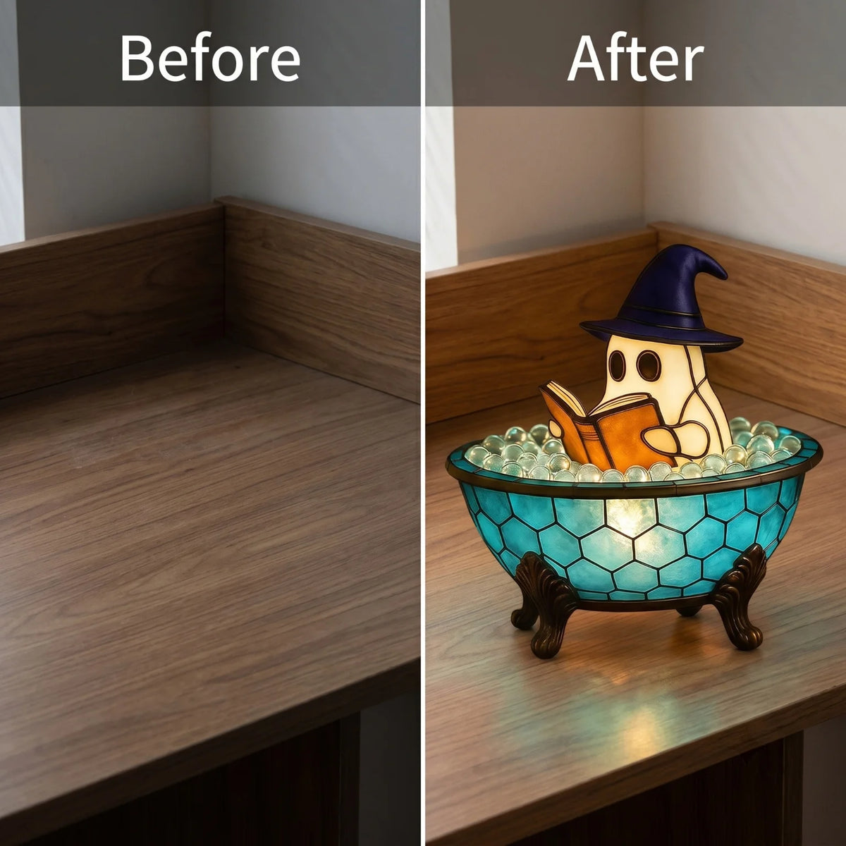 Ghost Bathtub Reading Night Light - Stained Glass & Resin Rechargeable Ambient Lamp with Iron Tripod Base, Halloween & Home Decor