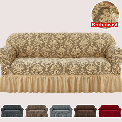 European Jacquard Sofa Slipcover with Skirt – Non-Slip, Embossed, Machine Washable (Single to 4-Seater)