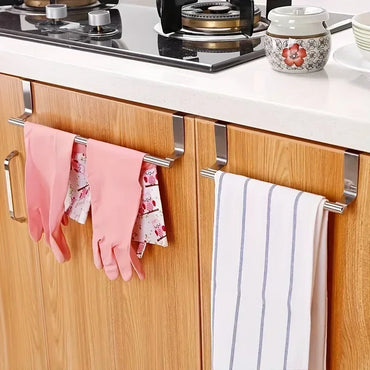 Stainless Steel Over-Door Towel Rack — Non-Drilling Hanging Towel Bar for Bathroom & Kitchen, Single Bar, 9.3/14.4 in (23.5/36.5 cm)