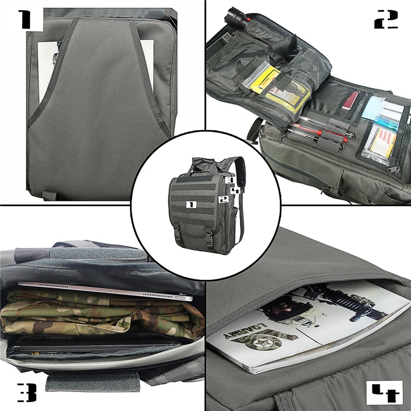 LQARMY MOLLE Tactical Laptop Backpack - 16"x14"x5", Convertible Shoulder/Backpack, 3 Compartments, 4-Row MOLLE, Water Resistant, 2.7 lbs, Grey