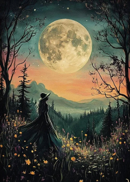 Witch Magical Art Print Witch with Full Moon Wall Decor Darkness Witches Painting Wall Decor Canvas Poster Dark Romantic Decor