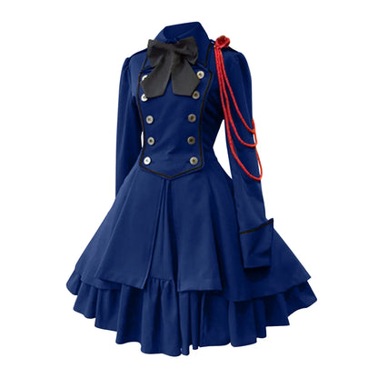 MAIGSWHOO Plus Size Gothic Lolita A-Line Princess Dress – Bow Collar, Trumpet Sleeve, Lace-Up Ruffles, Medieval Retro Style, S–5XL