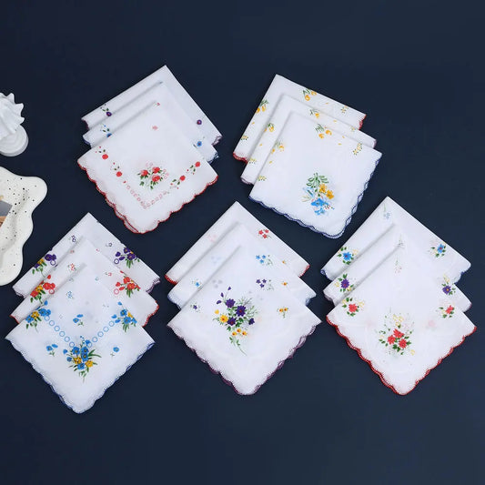 6-Pack Cotton Floral Handkerchiefs for Women, 28 cm (11 in) Scalloped Edge Pocket Towels & Wedding Napkins