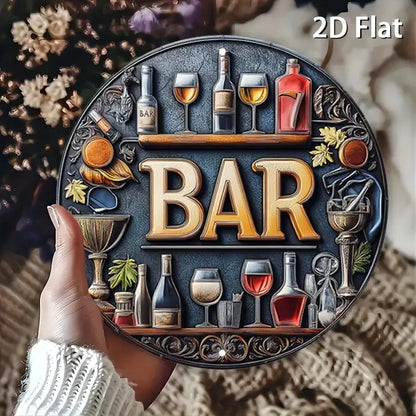 2D Flat, 1pc Vintage Metal Bar Sign - Elegant Wine & Glasses Design, Retro Aluminum Round Wall Art for Bars, Cafes, Beach Houses