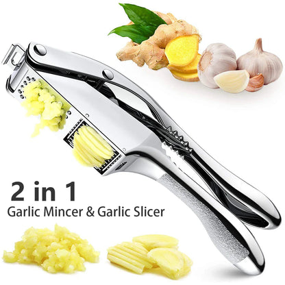 2-in-1 Stainless Steel Garlic Press & Slicer — Handheld Garlic Crusher Mincer Kitchen Tool