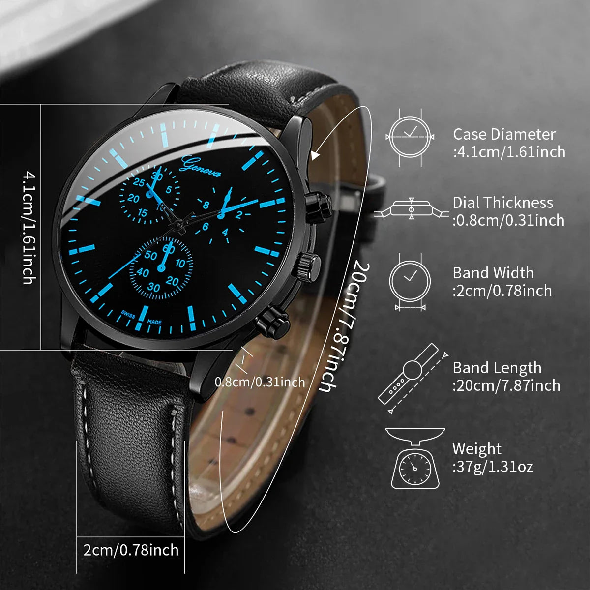 3-Piece Men's Leather Band Quartz Watch Set – 41mm Case, Necklace & Bracelet