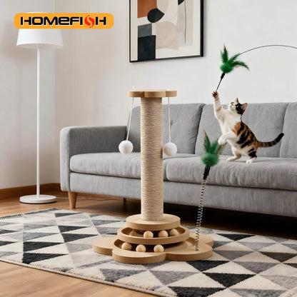 Solid Wood Cat Turntable Toy with Sisal Scratching Board and Rolling Ball - Interactive Cat Scratcher Column