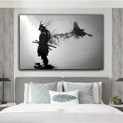 Black and White Japanese Black Samurai Man with Crow Posters and Print Wall Art Canvas Painting for Living Room Cuadros Decor