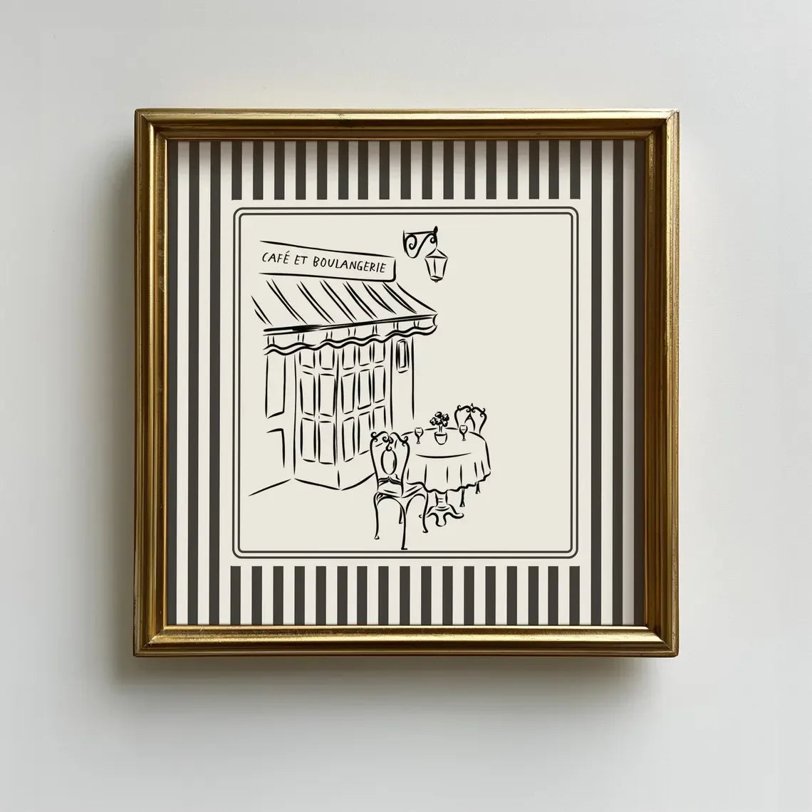 Black and White Striped French Cafe Print, Minimalist Illustration, Digital Downloads, Art Print, Gift Idea, Aesthetic