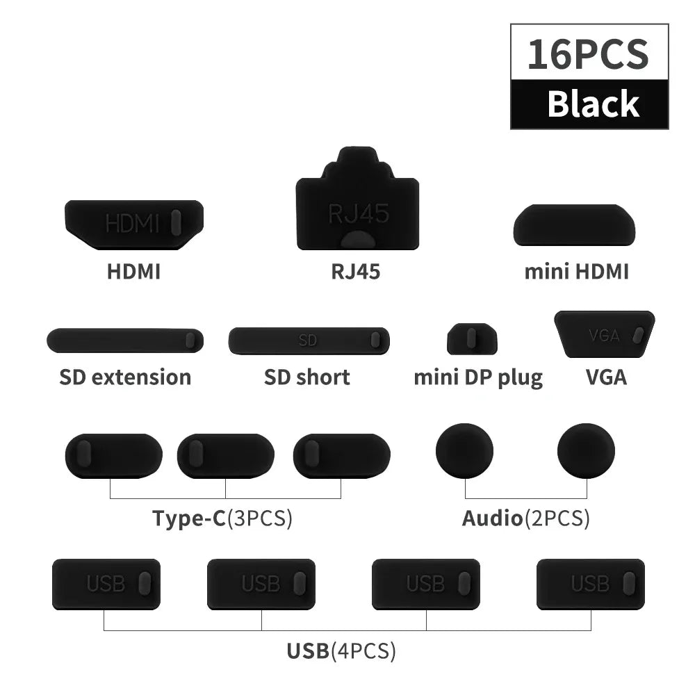 16-Pack Silicone Laptop Dust Plugs Universal USB-C USB HDMI Audio SD Port Protectors