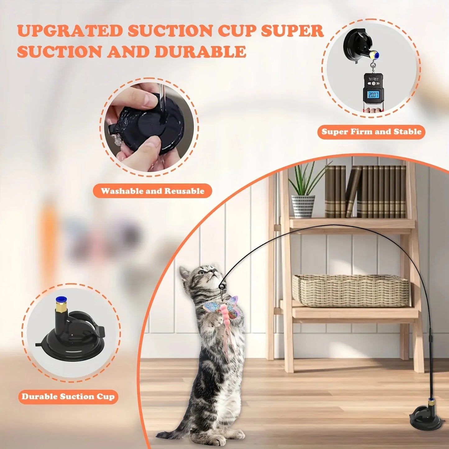 Cat Teaser Toy - Interactive Bell & Feather Wand - Long Suction Cup