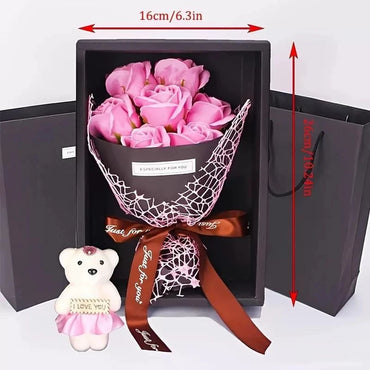 Fragrant Soap Rose Bouquet - 7 Realistic Scented Roses in Gift Box, 4 Colors, for Valentine's Day, Weddings & Gifting