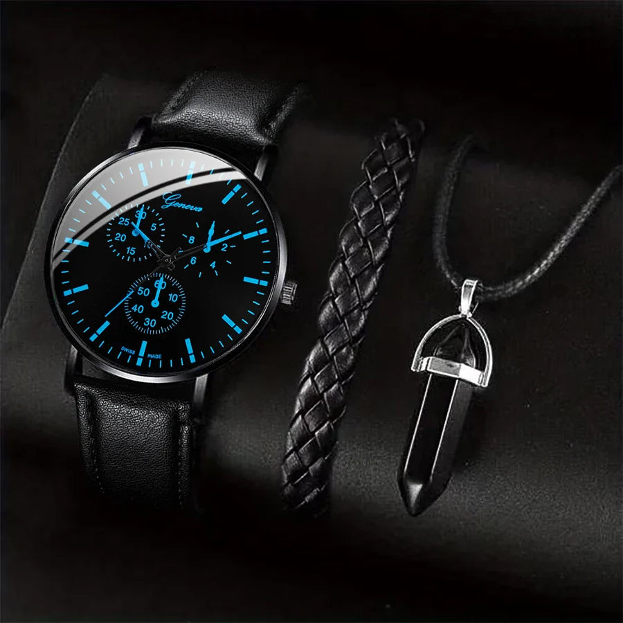 3-Piece Men's Leather Band Quartz Watch Set – 41mm Case, Necklace & Bracelet