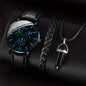 3-Piece Men's Leather Band Quartz Watch Set – 41mm Case, Necklace & Bracelet