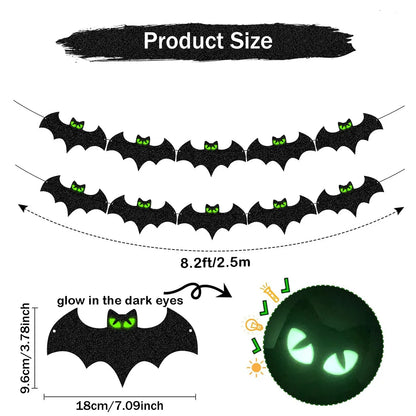 Black Polyester Halloween Bat Banner - Glow-Eye Design
